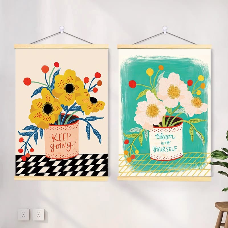 Fresh Hand-Painted Floral Living Room Decorative Painting, Bedroom Art Scroll Hanging Painting, Electrical Box Cover Wall Sticker