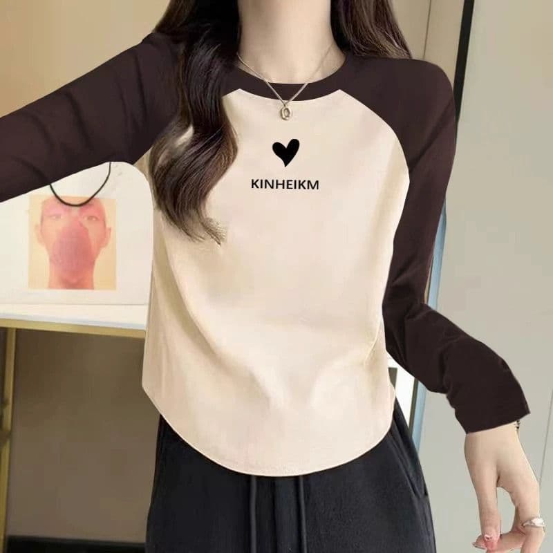 Milad Spliced Pure Cotton Long-Sleeve T-Shirt for Women, American Retro Style, Early Autumn Long-Sleeve Top for Petite Women to Wear Outside