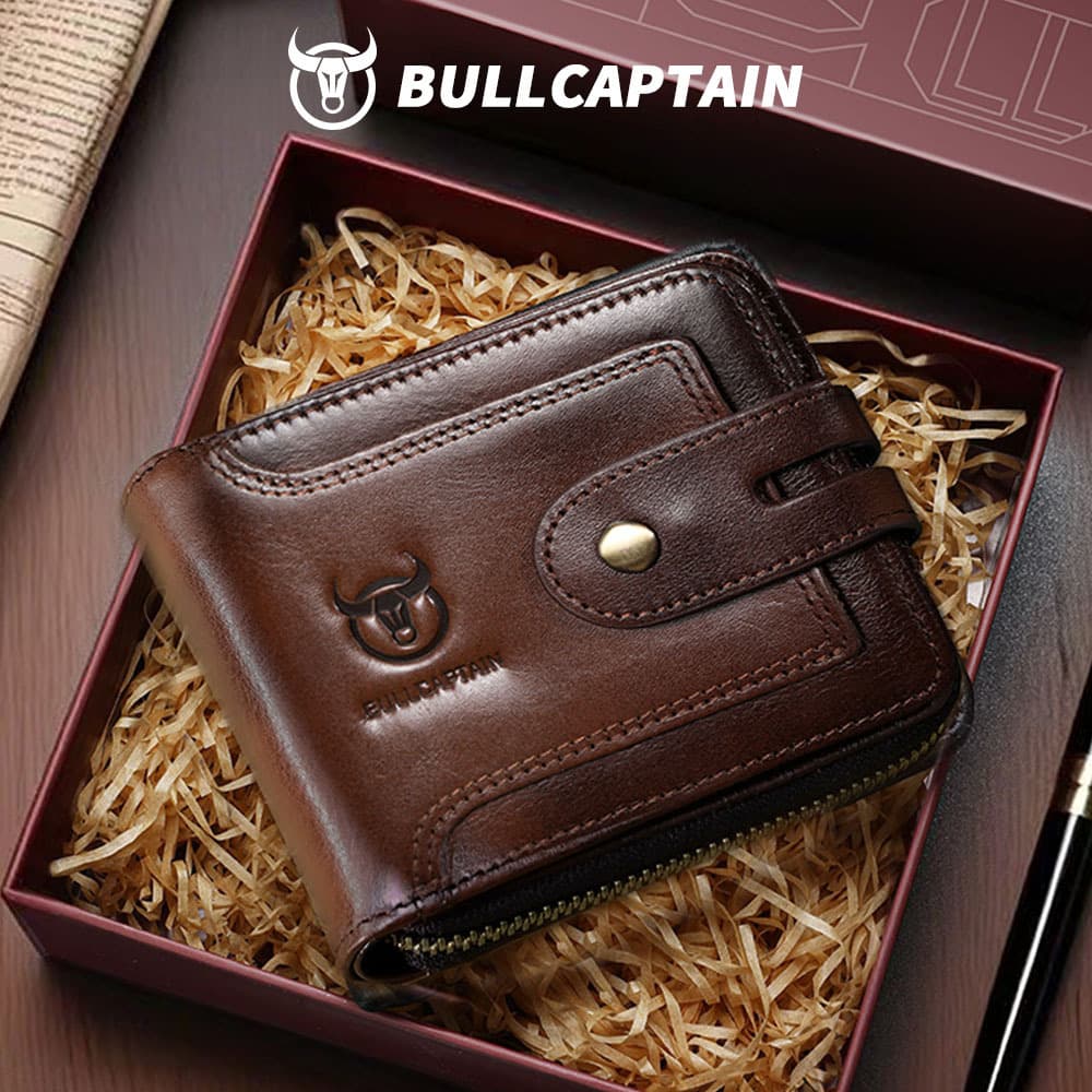Bull Captain Genuine Leather Men's Multifunctional Short Zipper Wallet, Premium Retro Driver's License Business Card Holder