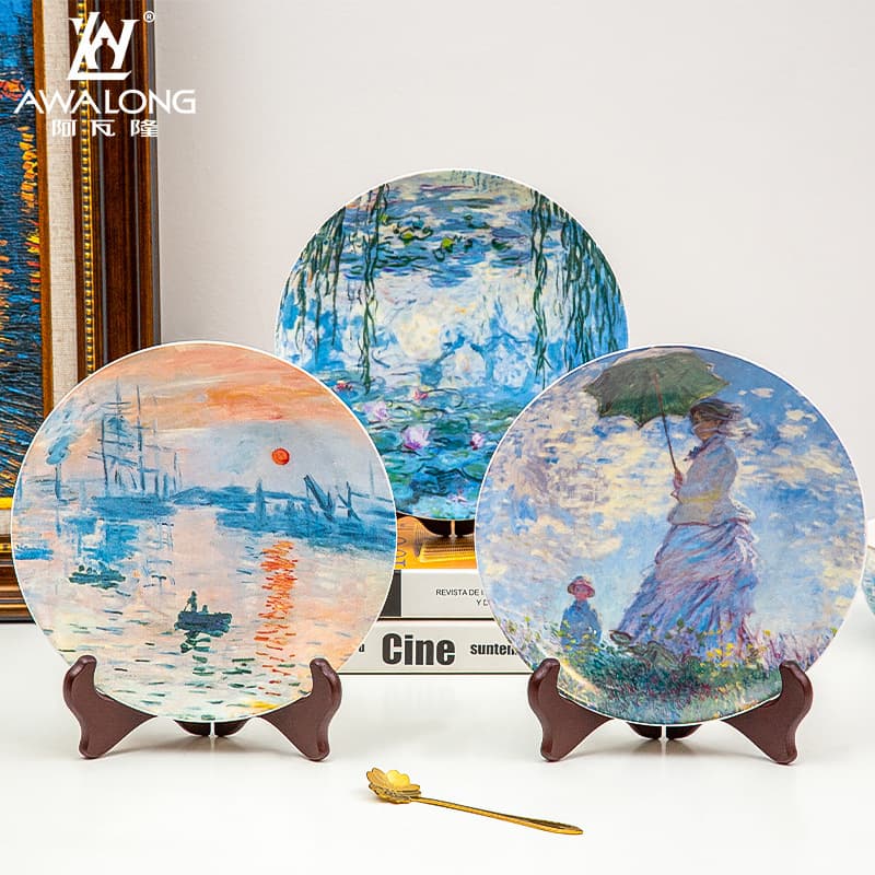 Export Oil Painting Monet Water Lilies Bone China Home Decor Ornament, Ceramic Hanging Plate for Living Room Entryway Wall Art