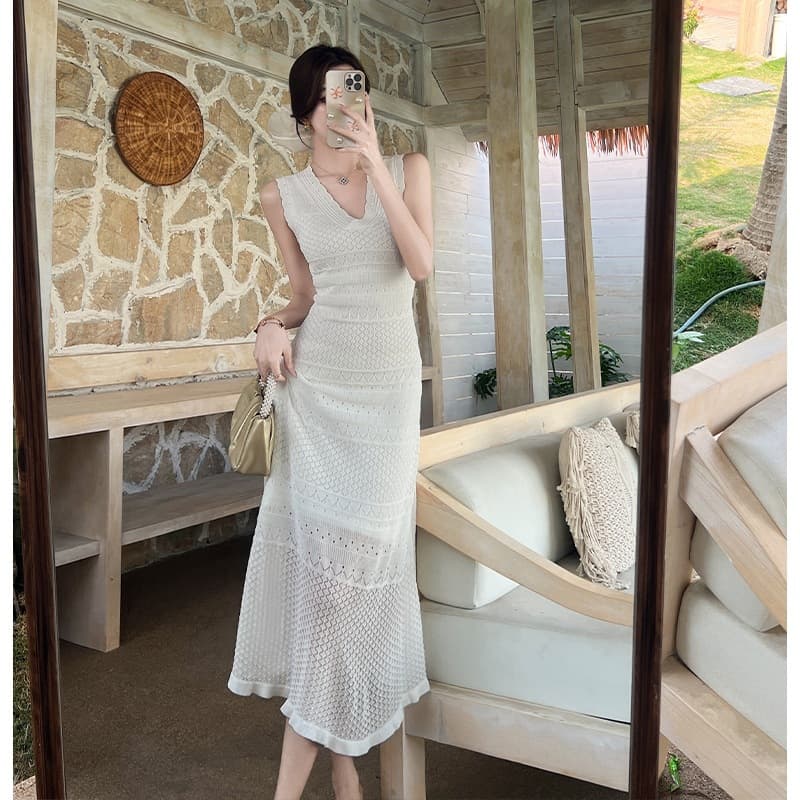 Spring and summer new style French sleeveless collar knitted slim dress feminine ladylike long skirt trendy white one size fits all