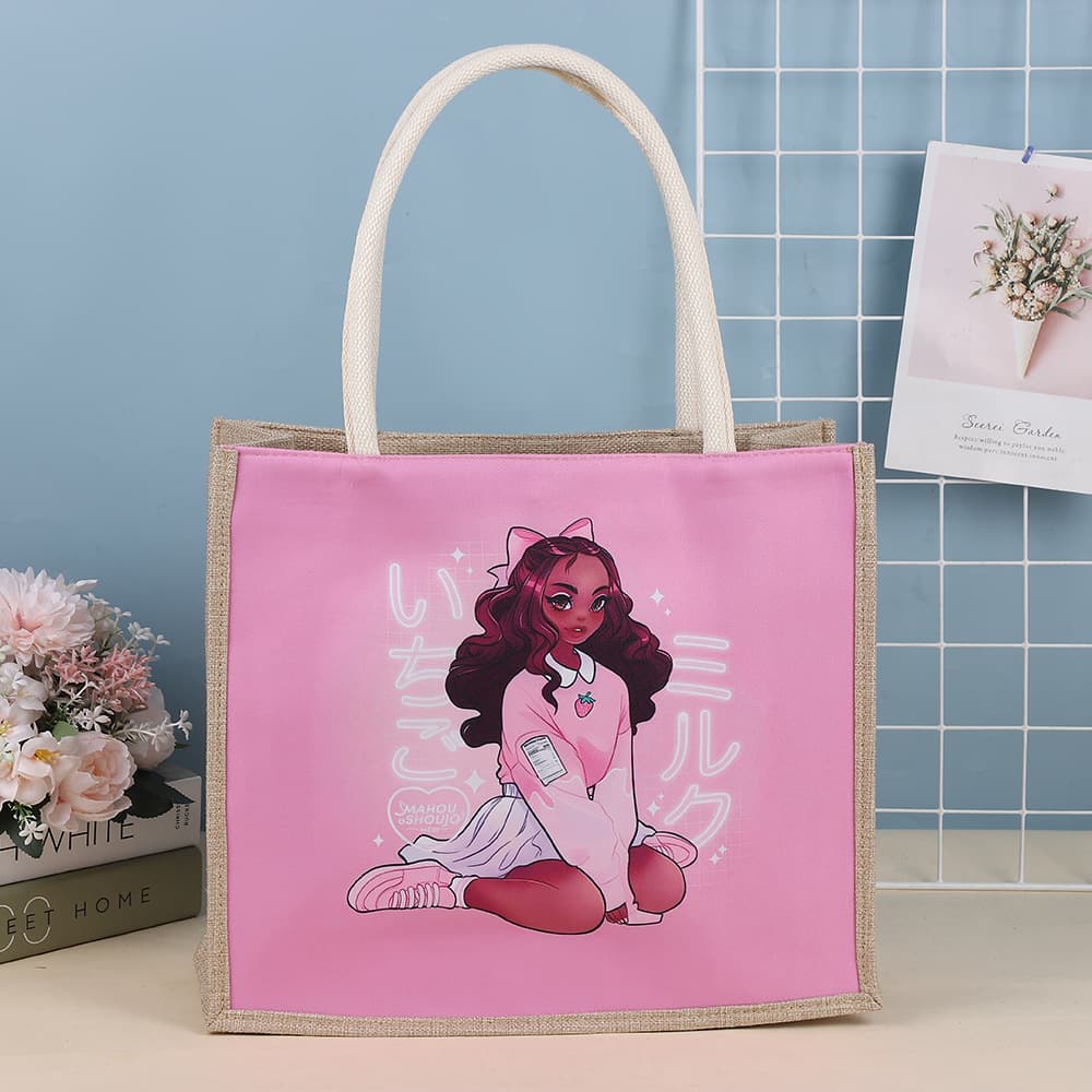 Cross-border original simple linen bag, national trendy women's handbag, trendy cartoon literary support hand bag, environmentally friendly small lunch bag
