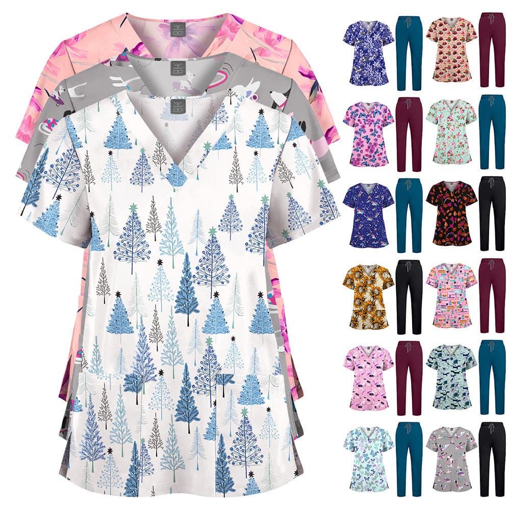 Hot New Printed Scrub Top and Solid Pants Set Nurse Uniform Doctor Hospital Clinic Workwear Two-Piece Set