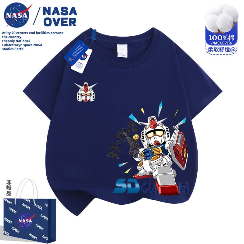 NASA Kids Cotton Boys Summer Gundam Mecha Warrior Short Sleeve T-Shirt, Fashionable Cartoon Top for Middle and Big Kids