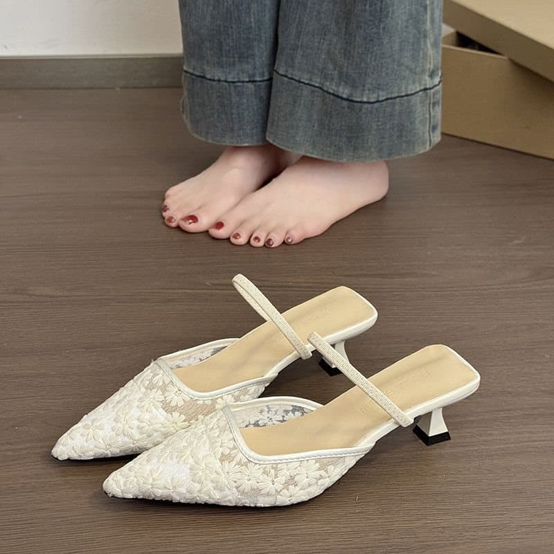 Women's Summer Open-Toe Mules with Floral Lace Mesh Cutout, Pointed Toe, Low Kitten Heel, High Heel Sandals