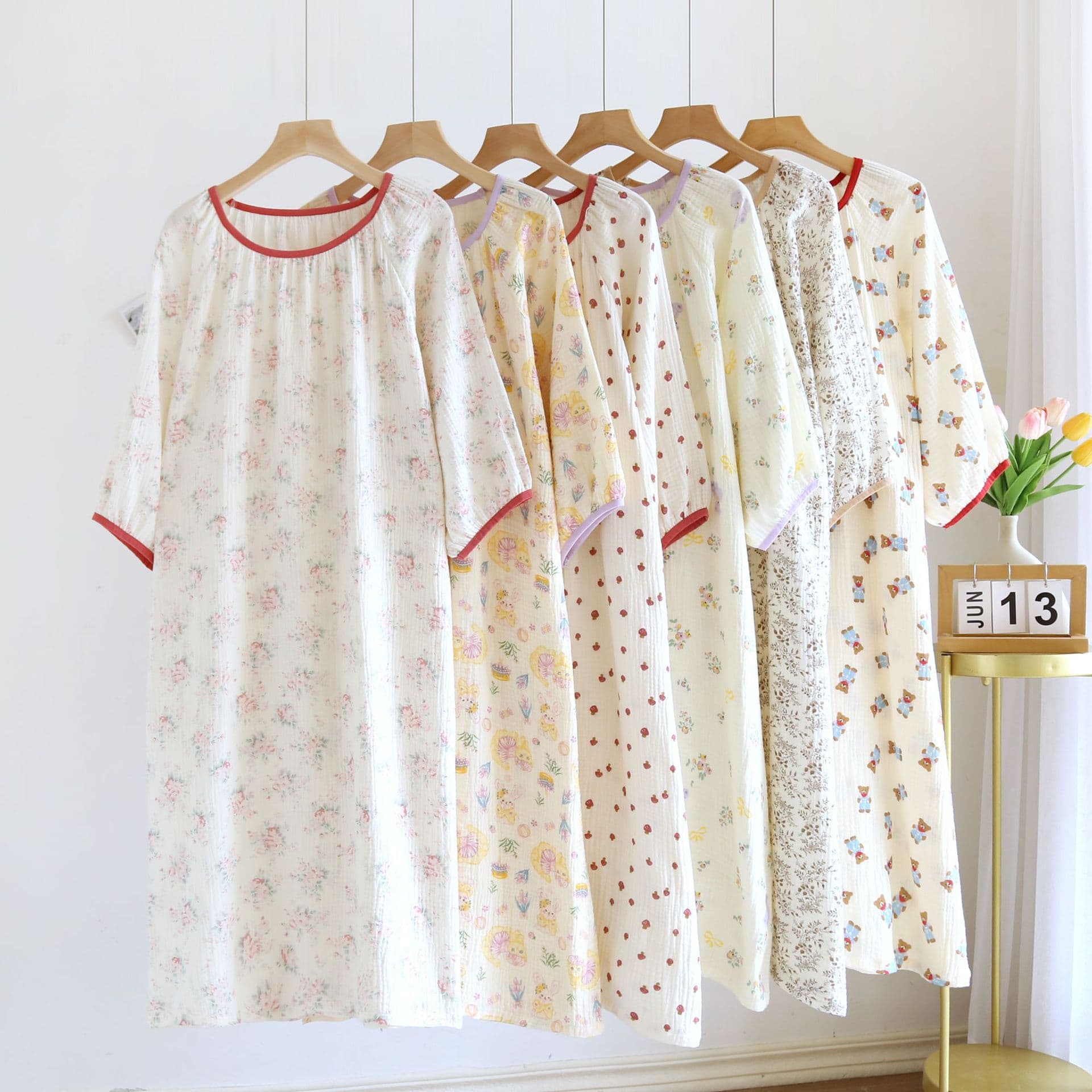 Women's Short Sleeve Round Neck Sleep Dress in Pure Cotton Crepe, Lightweight Double-Layer Crepe Cotton Nightgown for Spring and Summer, Loungewear