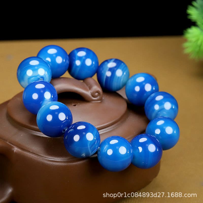 Turkish Blue Chalcedony Fashionable Polished Agate Bracelet for Men, 18mm Round Bead Bracelet, Sky Blue Jade Bracelet for Women