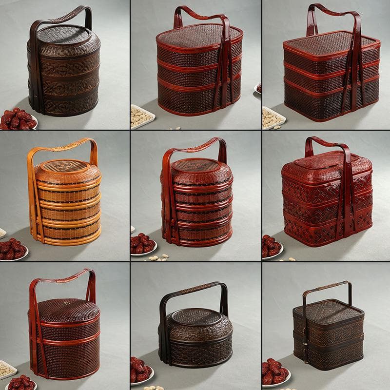 Handmade bamboo basket, retro food box, multi-layer meal delivery basket, fruit basket, storage basket, bamboo picnic basket, wedding basket props