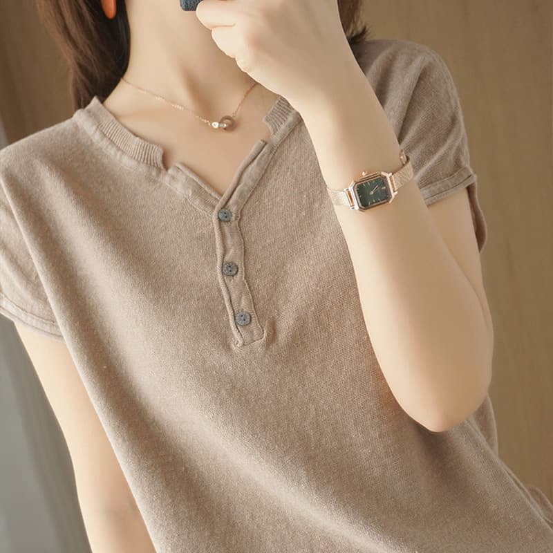 New Cotton Linen Knit Short Sleeve V-Neck T-Shirt for Women, Plus Size Korean Style Base Layer Summer Half Sleeve