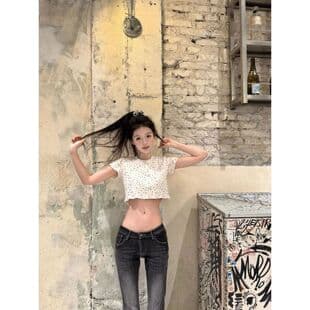 White Floral Print Short Sleeve T-Shirt for Women Summer New Slim Fit Shoulder-Emphasizing Crop Top Trendy
