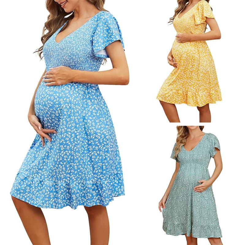 2026 New Cross-Border European and American Amazon Stock Women's Summer Maternity V-Neck Dress Loose Comfortable Casual