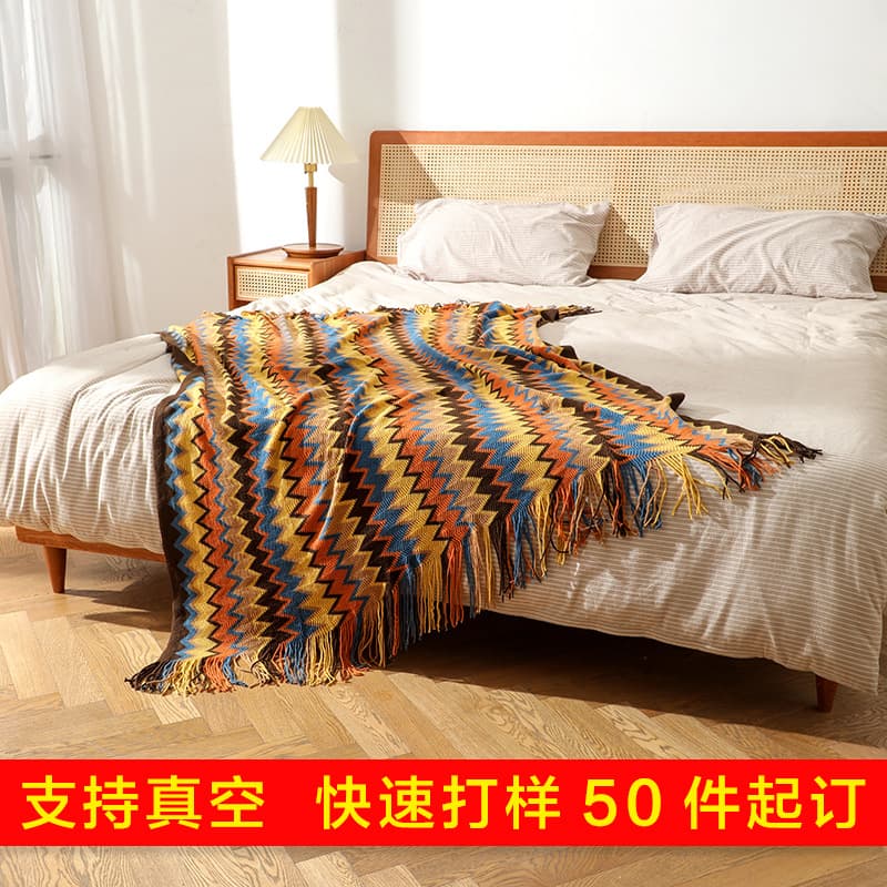 Bohemian Office Nap Blanket, Bed Throw Blanket for Guesthouse, Knitted Air Conditioning Blanket, Sofa Blanket Color Block