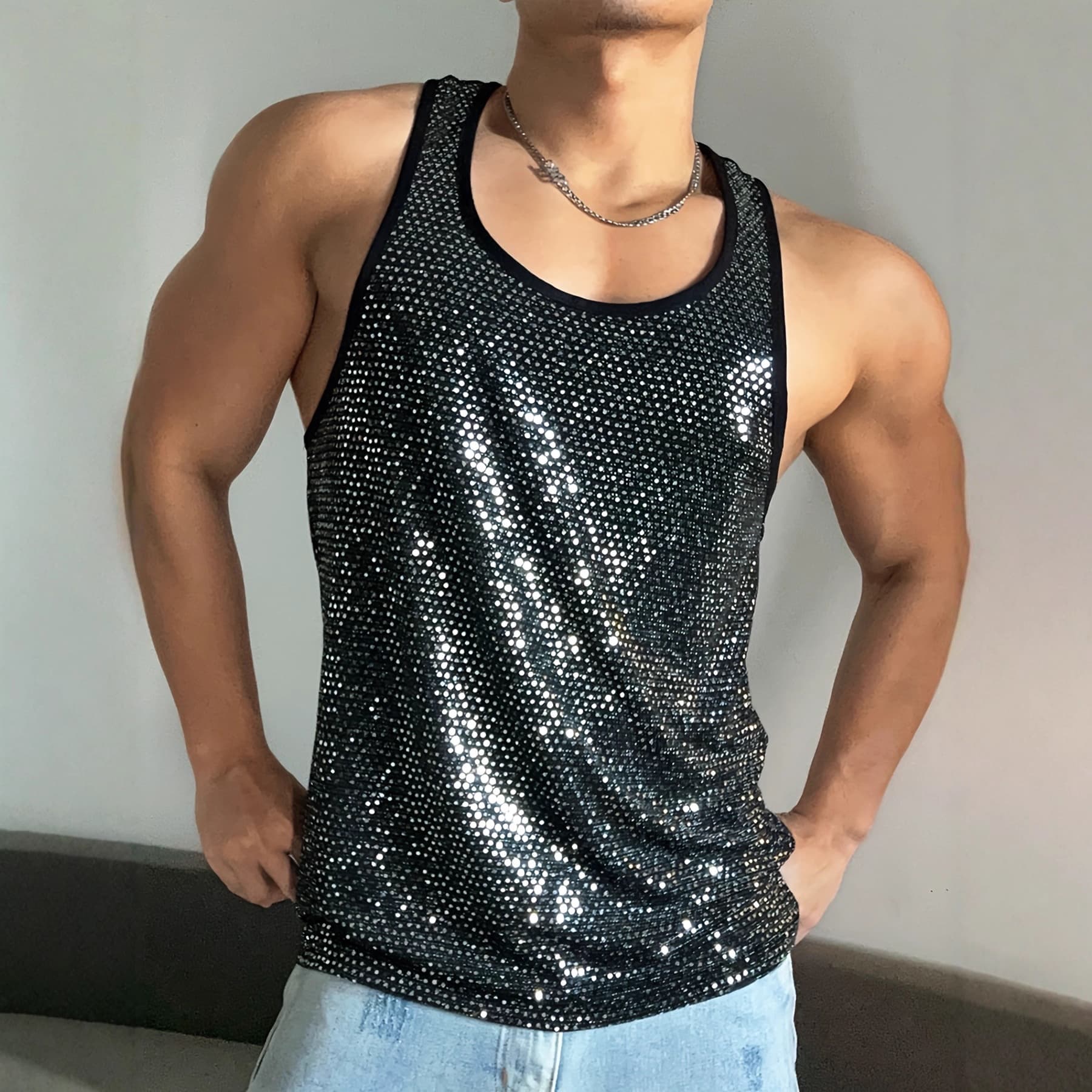 Cross-border Men's Fashion Mirror Sequin Nightclub Rave Muscle Cut-off Sleeve Top Amazon Independent Site Vest Wholesale