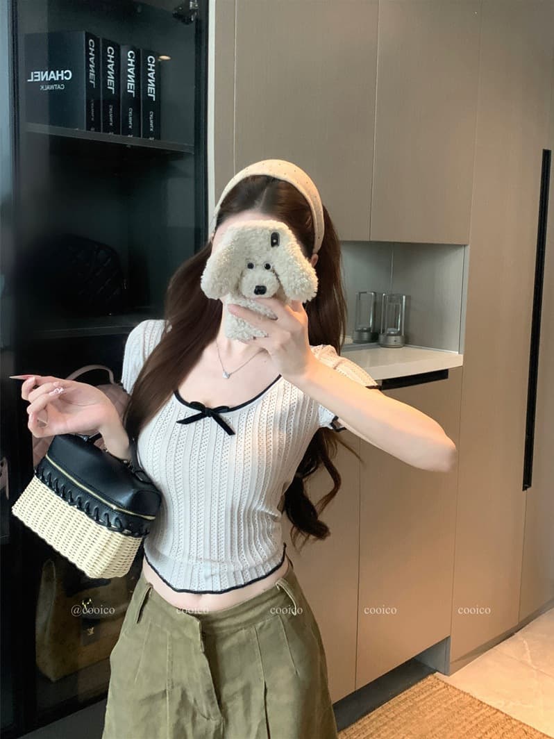 2026 Summer New Korean Fashion Versatile Color-Blocked Bowknot Ribbed Regular Shoulder Slim-Fit Short-Sleeve Knit Top for Women