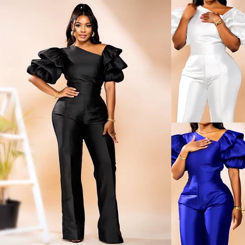 Cross-Border New Women's One-Shoulder Puff Sleeve High-Waist Slim Jumpsuit Party Dress 5813