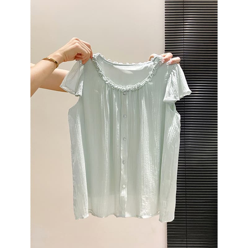 Fresh Lace Trim Baby Doll Blouse Women Summer Mint Green Short Sleeve Blouse Design Sense Sweet Top Casual Leisure