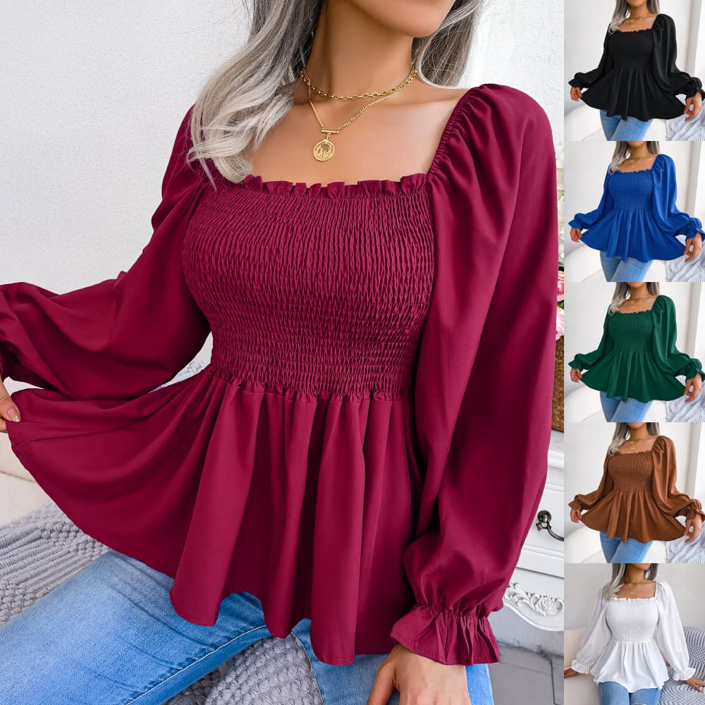 Casual Chiffon Blouse With Square Collar Long Sleeves European Style Women's Clothing Amazon Best Seller Cross-Border Fashion