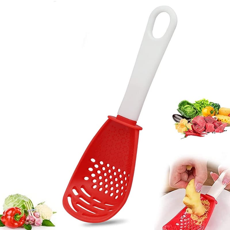 Grinding spoon, mortar and pestle, draining strainer, ginger and garlic grater, egg mixer, potato mash, stir-fry spatula