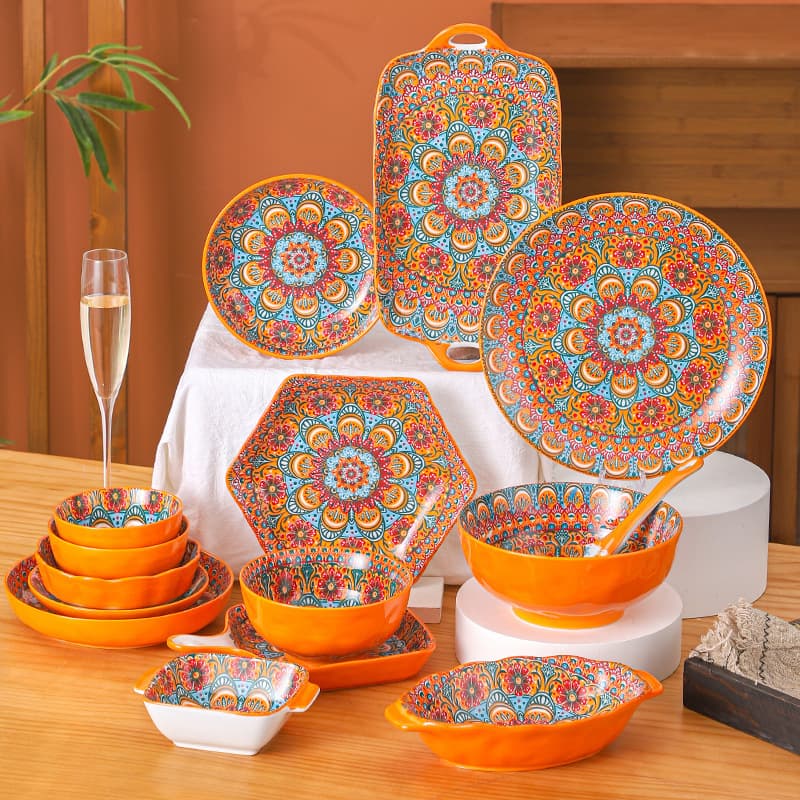 Bohemian Style Home Ceramic Dinnerware Mandala Vintage Plate Bowl Set with Double-Handled Soup Bowl and Serving Dish