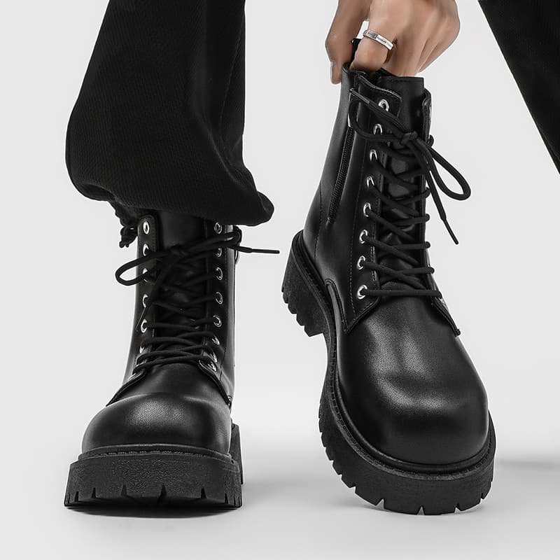 Side Zipper Martin Boots Men High Top British Style Leather Black Work Motorcycle Boots Spring Heightening Mid Top Short Boots