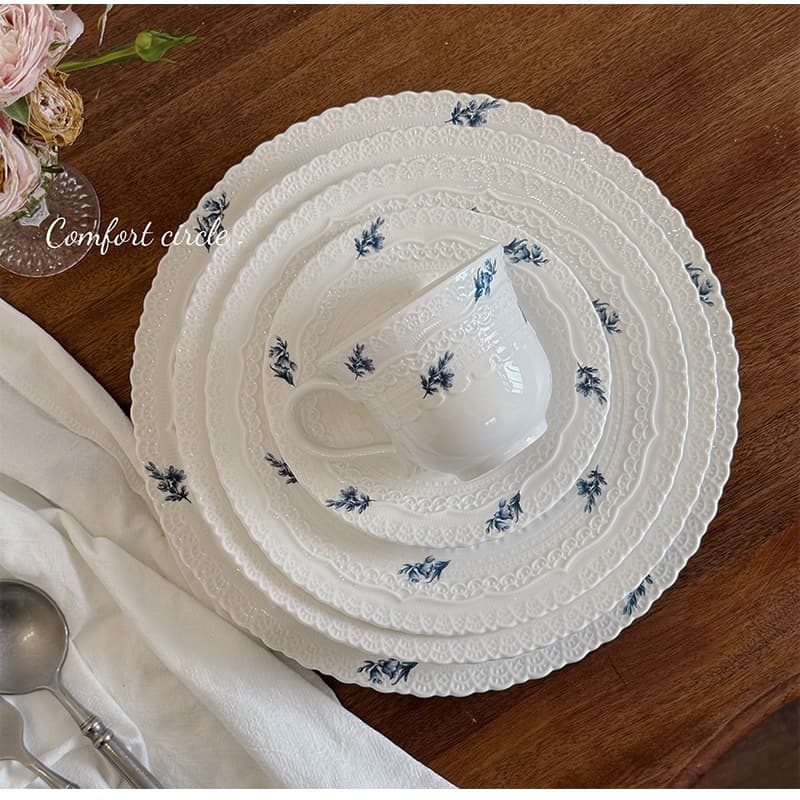 French Vintage Embossed Lace Ceramic Tableware French Floral Ceramic Plate Coffee Cup and Saucer Dessert Plate Dinner Plate