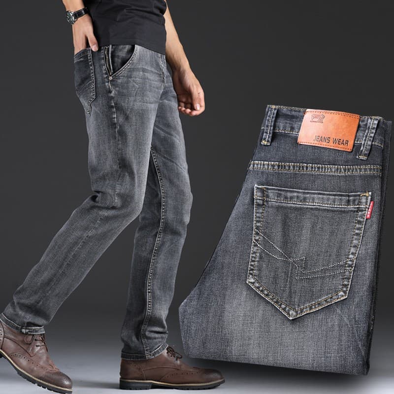 Casual Straight Leg Men's Jeans Grey Mid Waist Long Pants Spring Autumn Business Leisure Cotton Blend Denim Youth Fashion