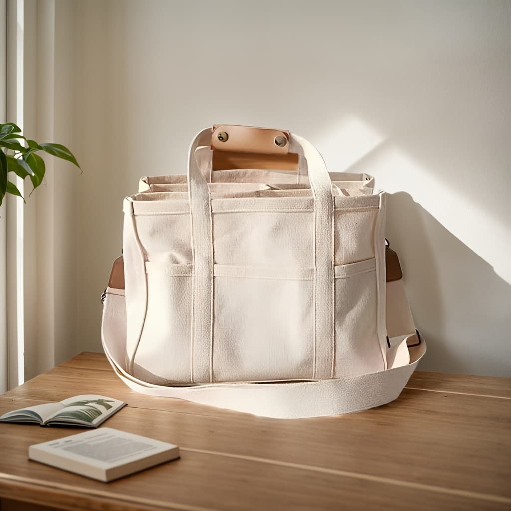 Large capacity multi-pocket shoulder bag with compartments, multifunctional handbag, durable handle.