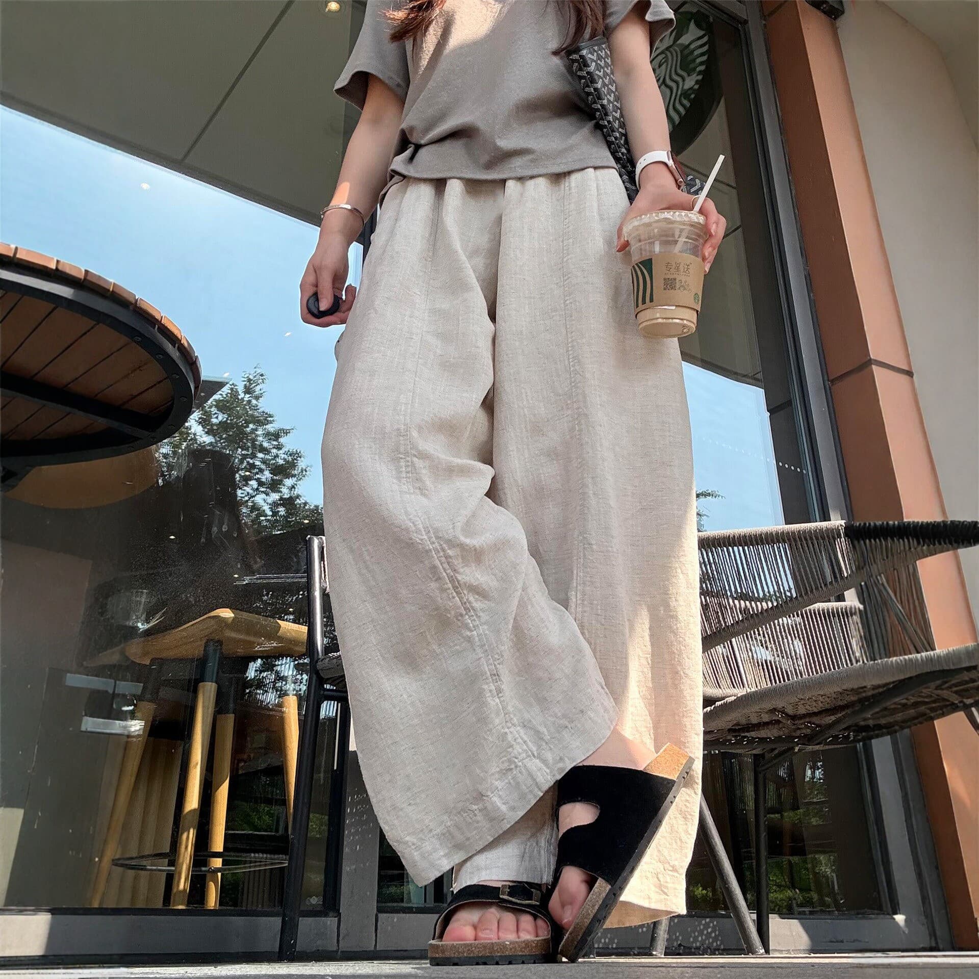 Summer Women's Thin Trendy Tencel Linen Wide Leg Pants High Waist Slimming Casual Straight Cropped Pants