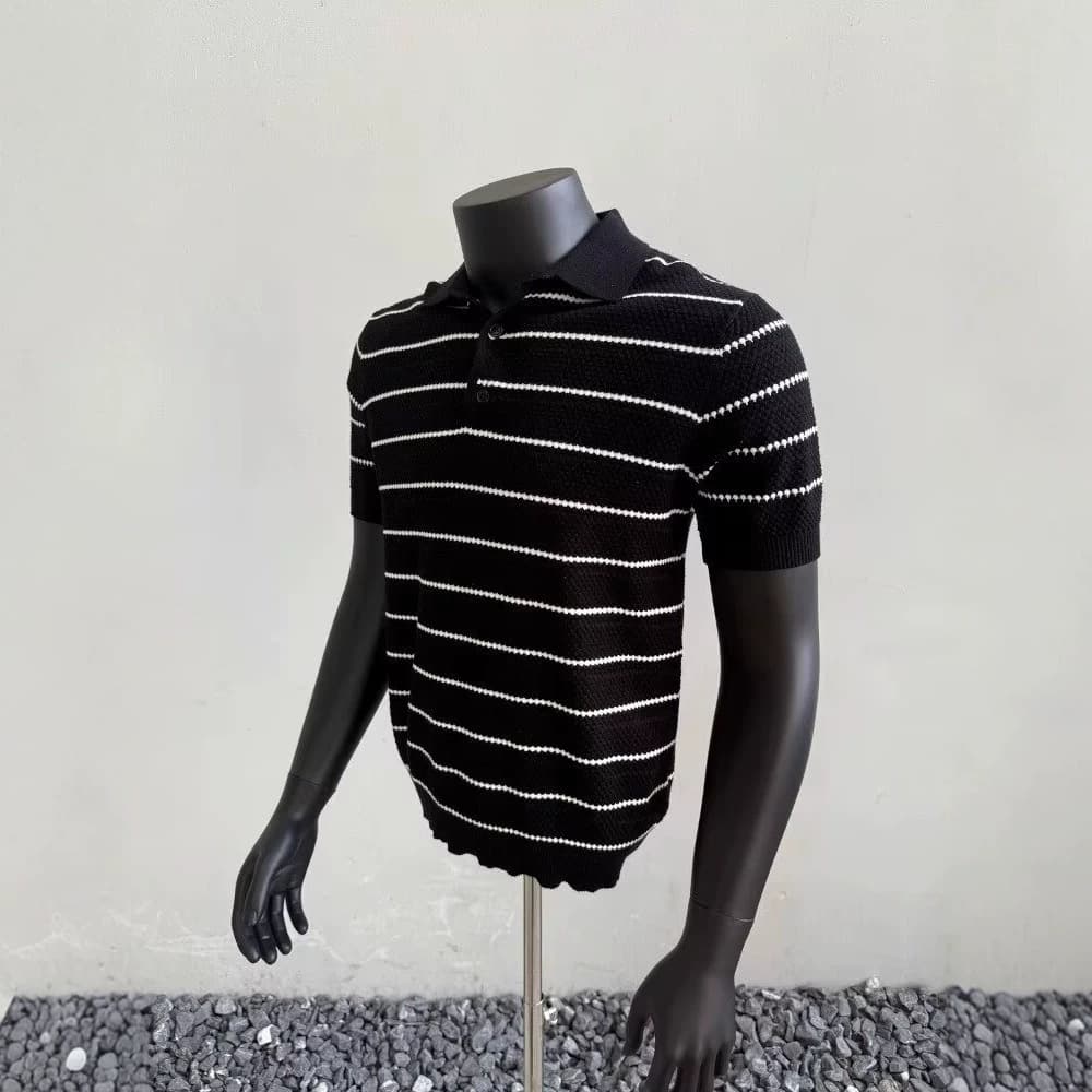 Cleanfit Knitted Striped Polo Shirt for Men, Old Money Style Short Sleeve T-Shirt, Business Casual Top