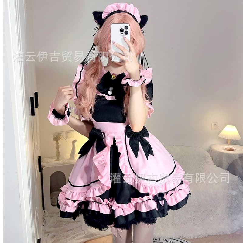 Sweet black and pink maid outfit cosplay costume Lolita soft girl dress anime heavy-duty maid Lolita short skirt