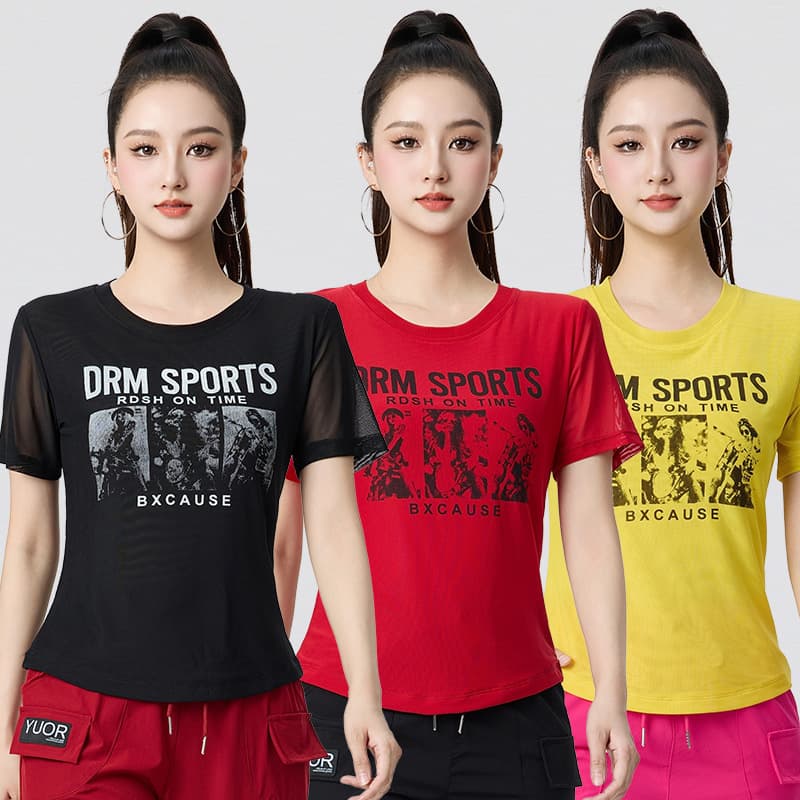 Summer New Square Dance Top Double Layer Mesh Round Neck Print High Elasticity Fitness Fashion Hip Hop Street Dance Clothing