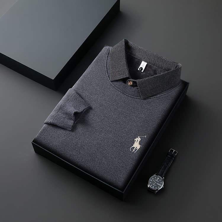 Fleece-lined Thickened Layered Look Sweater Men's Clothing Autumn and Winter Wear Men's Shirt Collar Pony Embroidery Base Layer Casual Top
