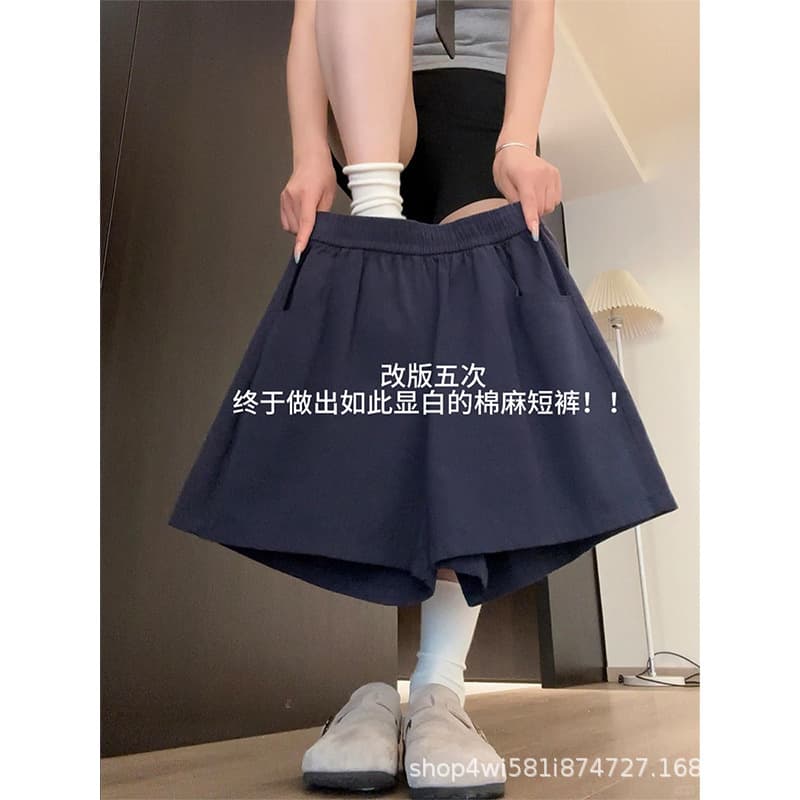Navy blue cotton and linen shorts women's summer thin 2026 new small slimming hip-covering A-line high-waisted wide-leg five-point pants