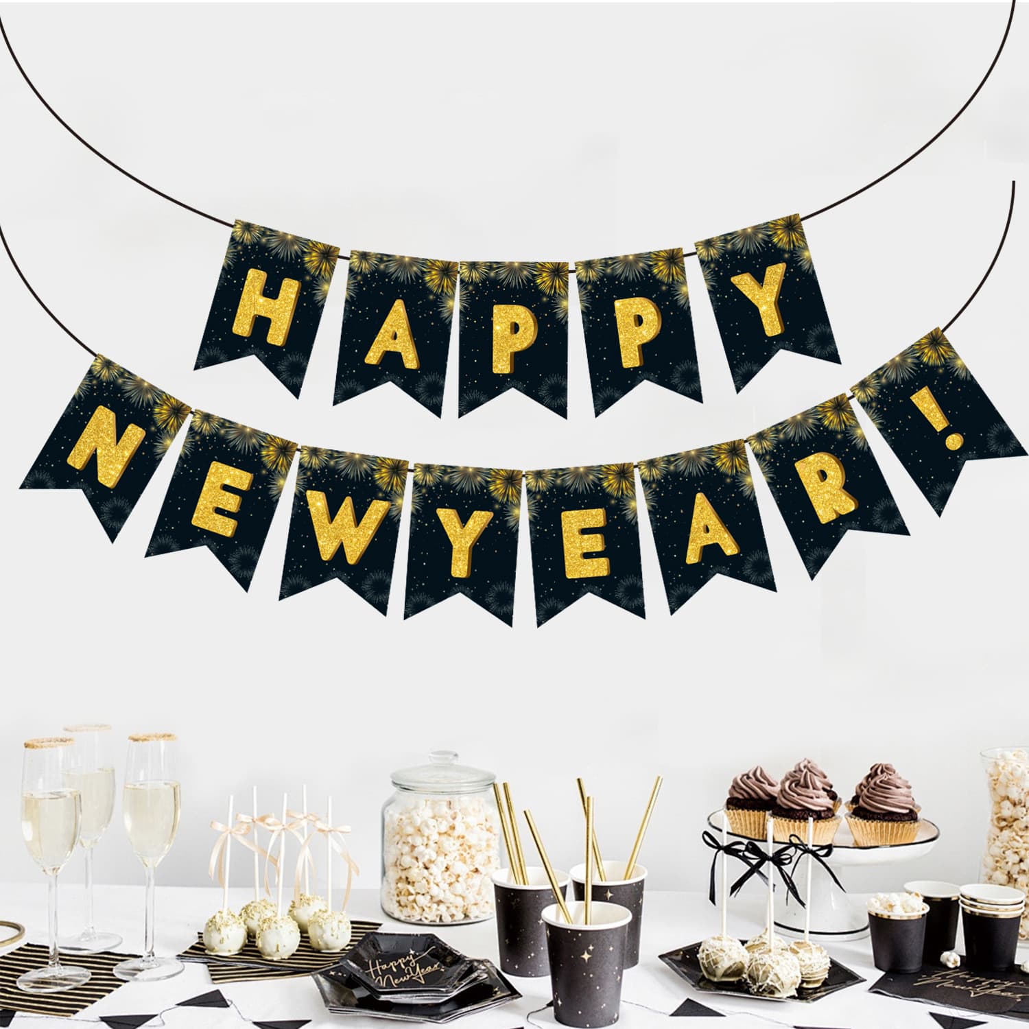 2025 Happy New Year Firework Black Gold New Year Bunting Banner for New Year's Eve Party Decoration and Birthday Party Setup