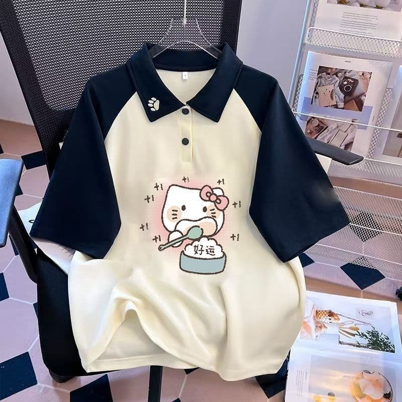 2025 Summer Girls Embroidered Collar Contrast Color Polo Shirt Korean Style Printed Fashion Top for Older Kids