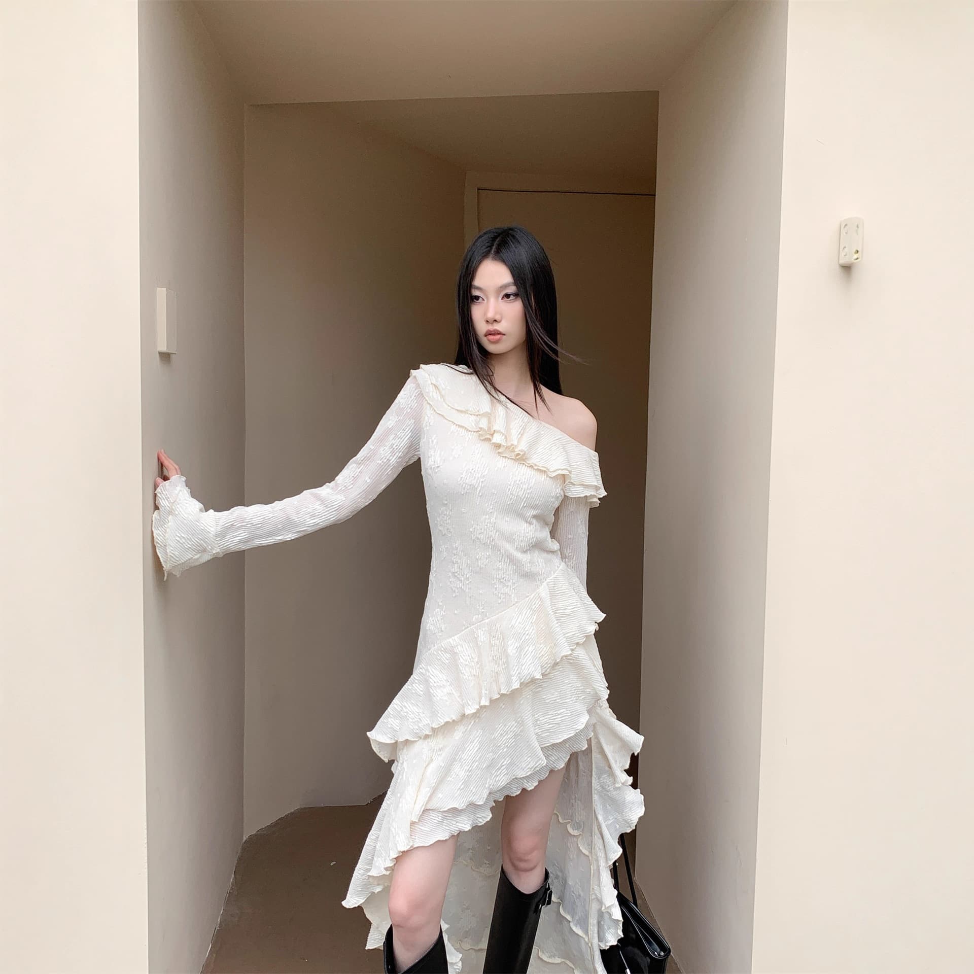 Jacquard knitted French romantic off-shoulder asymmetric ruffle bell sleeve dress