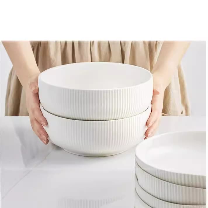 Ceramic Tableware Noodle Bowl Soup Bowl Steamed Egg Bowl Deep Bowl Rice Bowl Household White Vertical Grain Salad Bowl Simple