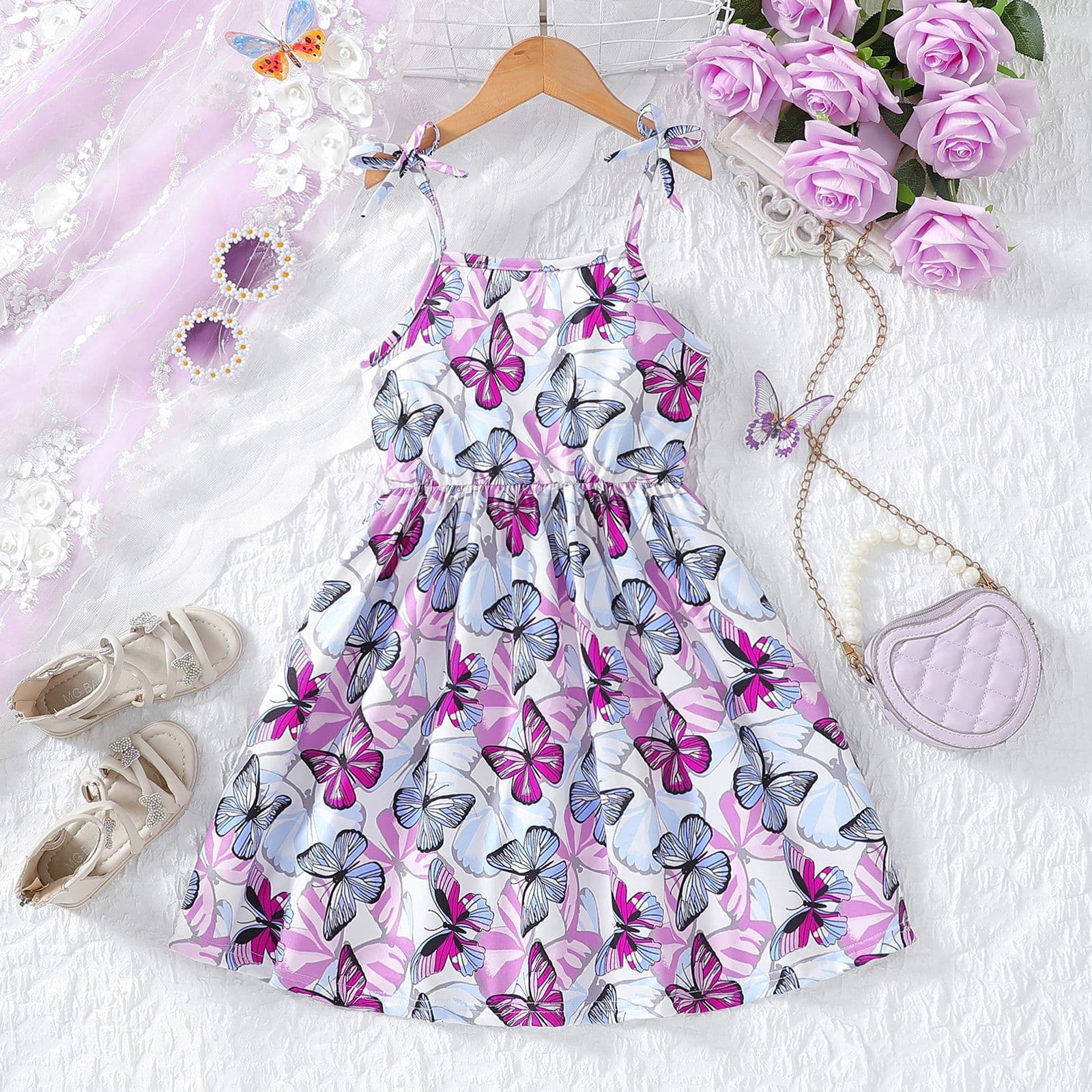 Cross-border 2026 Summer New Sweet Casual Lady Style Short Sleeve Crop Top with Butterfly Pattern Camisole Dress