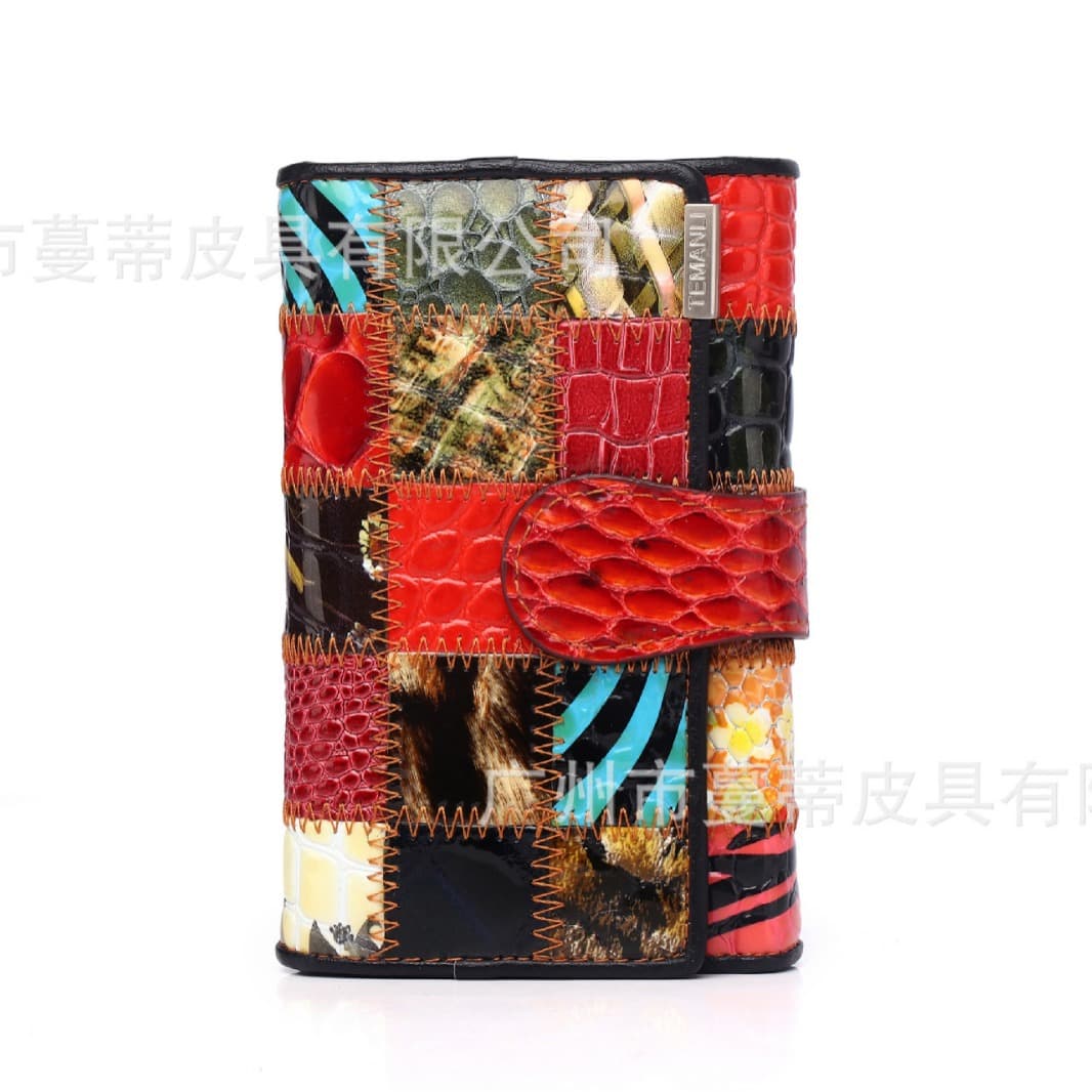 Herringbone Embroidered Leather Wallet Women's Large Capacity Long Silver Bag Top Layer Cowhide Vintage Color Stitching Wallet Trendy