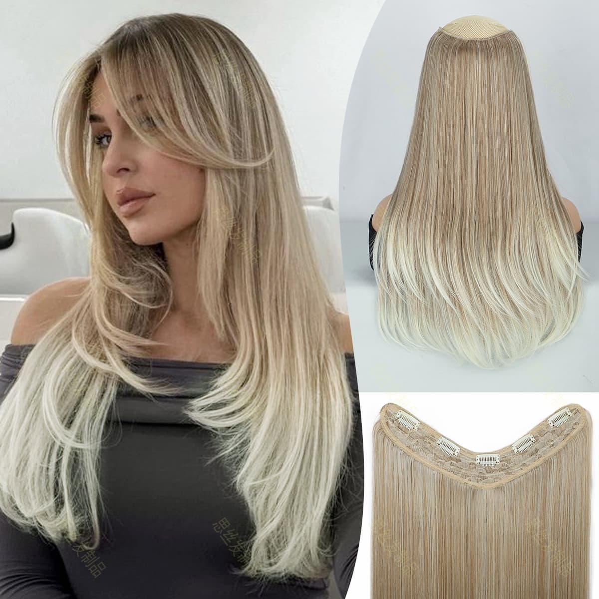 One-Piece V-Shaped Clip-In Hair Extension, 5-Clip Big Wave Curly Layered Hair Extension, U-Shaped Layered Clip-In Curly Hairpiece