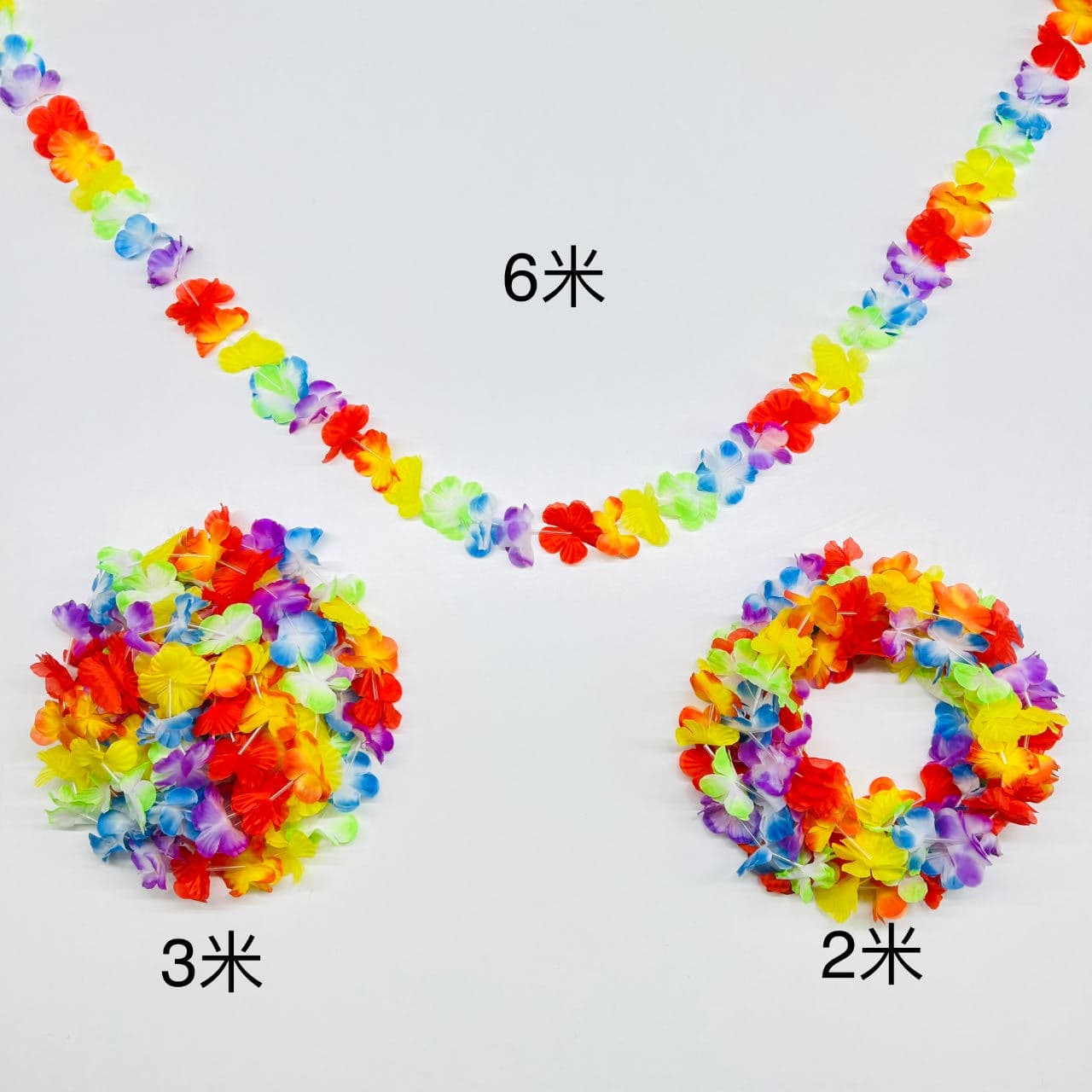 Hawaiian long floral wreath (6m, 2m, 3m), new style, colorful polyester fabric wreath for birthday parties.