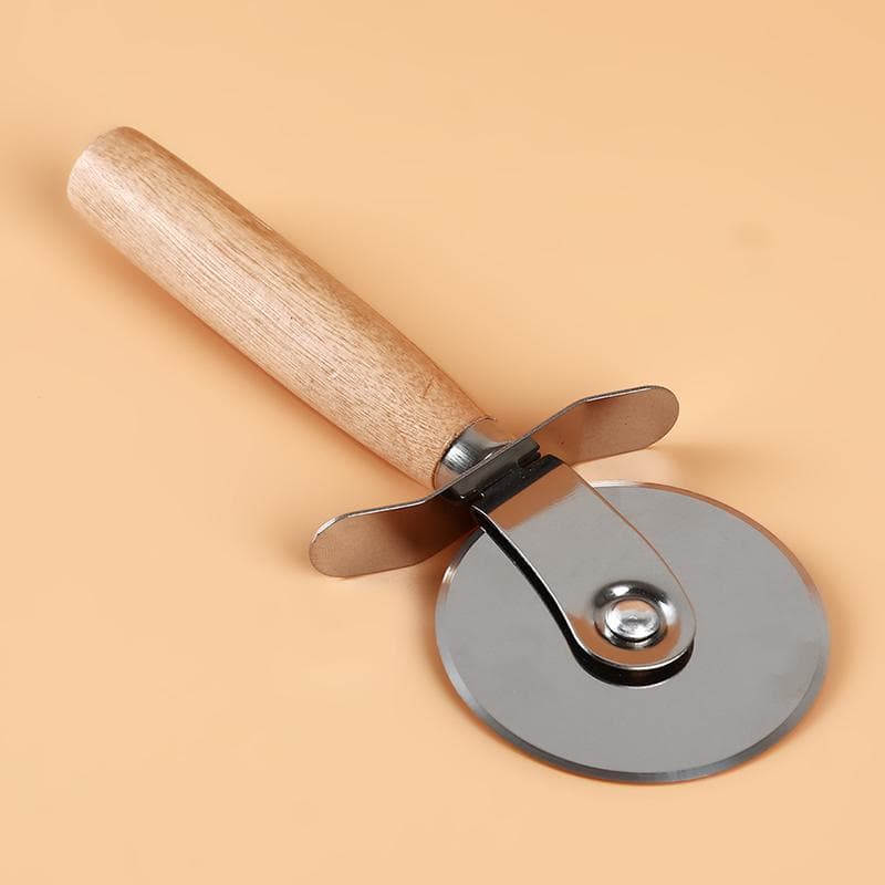 Stainless Steel Pizza Cutter with Wooden Handle, Pastry Knife, Dough Roller, Single Wheel Pizza Baking Cutting Knife