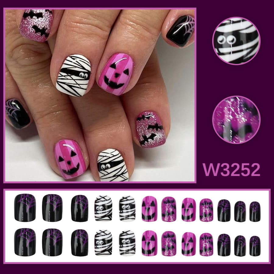 Pink Purple Pumpkin Mummy Bat Wearable Nails Short Square Sweet Cool Halloween Cartoon Nail Art Wholesale