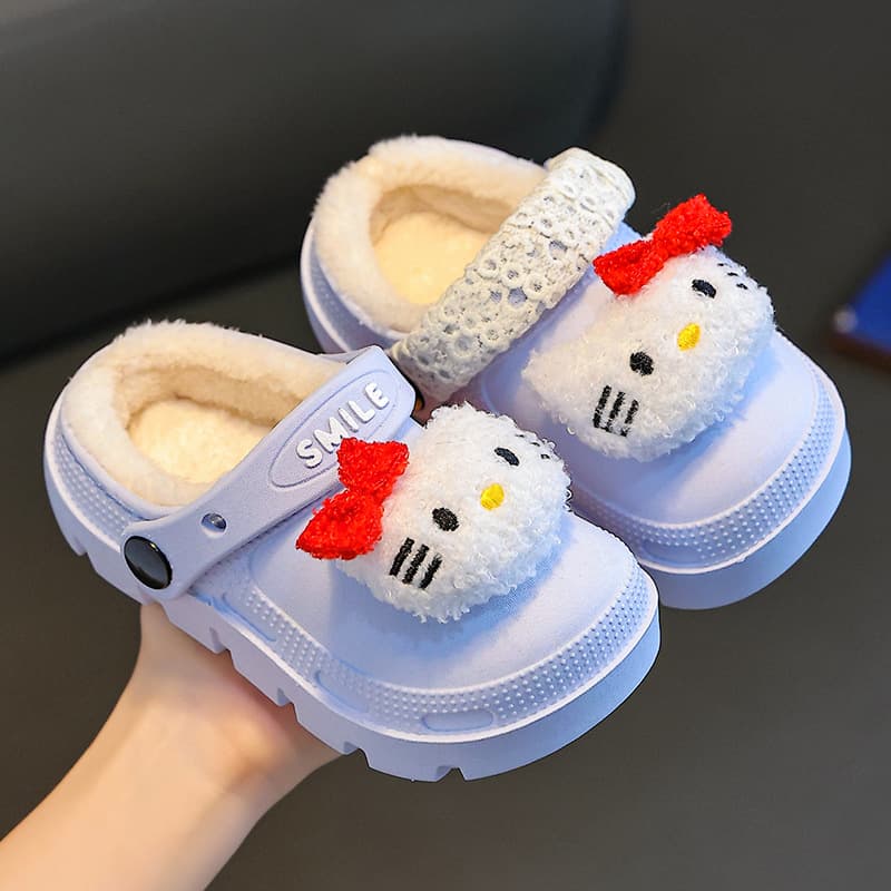 KT Cat Children's Cotton Slippers Girls' Autumn and Winter Indoor Warm Anti-Slip Plus Velvet Waterproof Girls Parent-child Outerwear Cotton Shoes