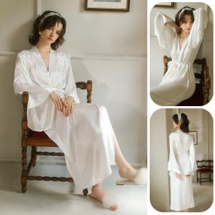 Feiyun Satin Patchwork Water-Soluble Lace Long Flared Sleeve Sexy Robe Bride Morning Robe Elegant Loungewear 966