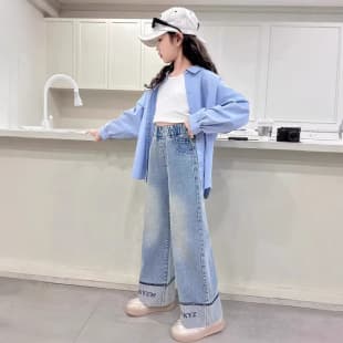 Girls Wide Leg Pants Spring Autumn Loose Fit Denim Jeans Letter Print Straight Leg Pants
