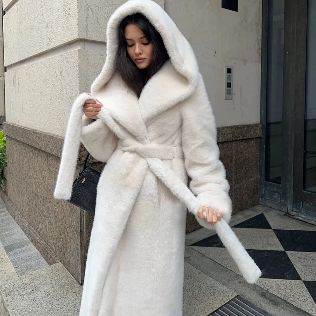 Cross-border mink fur faux fur fur coat extra long faux fur coat hooded belted plush clothes