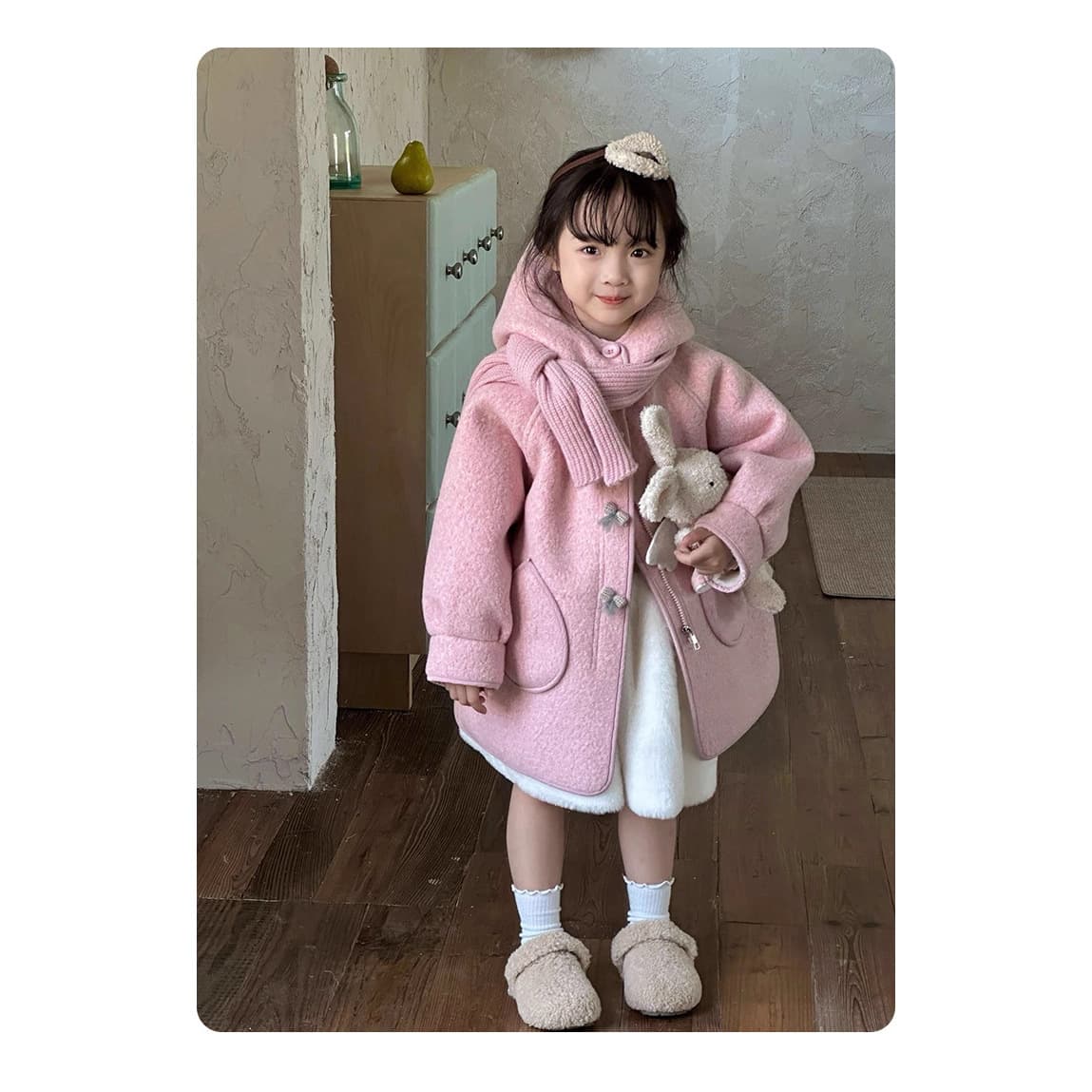 2025 Winter New Girls' Outerwear, Stylish Wool Warm Coat with Extended Top and Scarf for Girls
