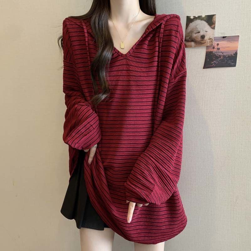 Plus Size Korean Striped Hooded Long Sleeve T-Shirt Women Early Autumn New Loose Slimming Mid-Length Top Female INS Style