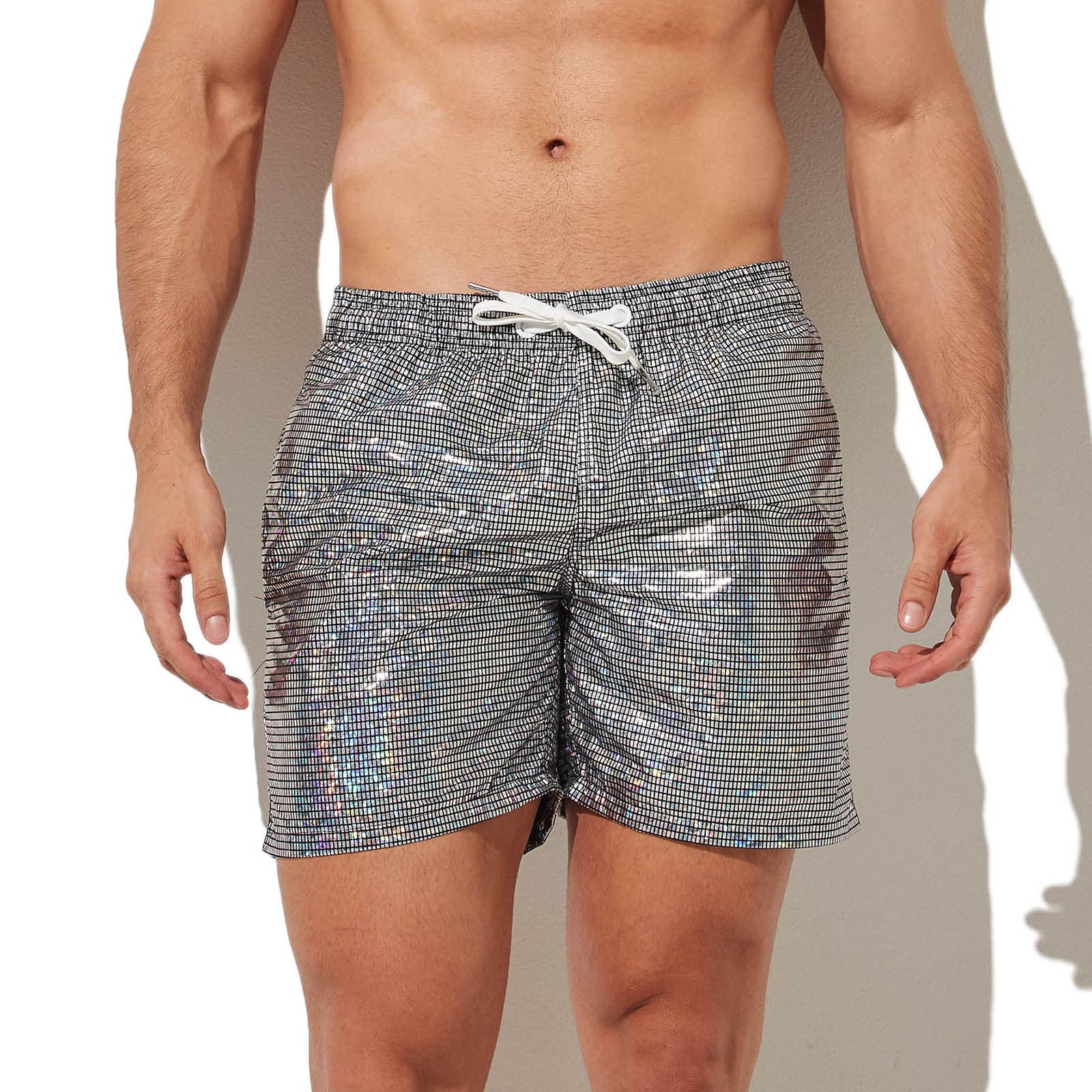 Hot-selling men's shiny metallic print loose beach pants with drawstring for casual sportswear, European size.